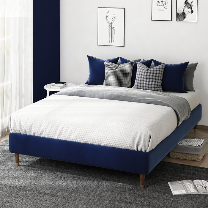 George Oliver Navy Blue Velvet Upholstered Full Size Platform Bed Frame